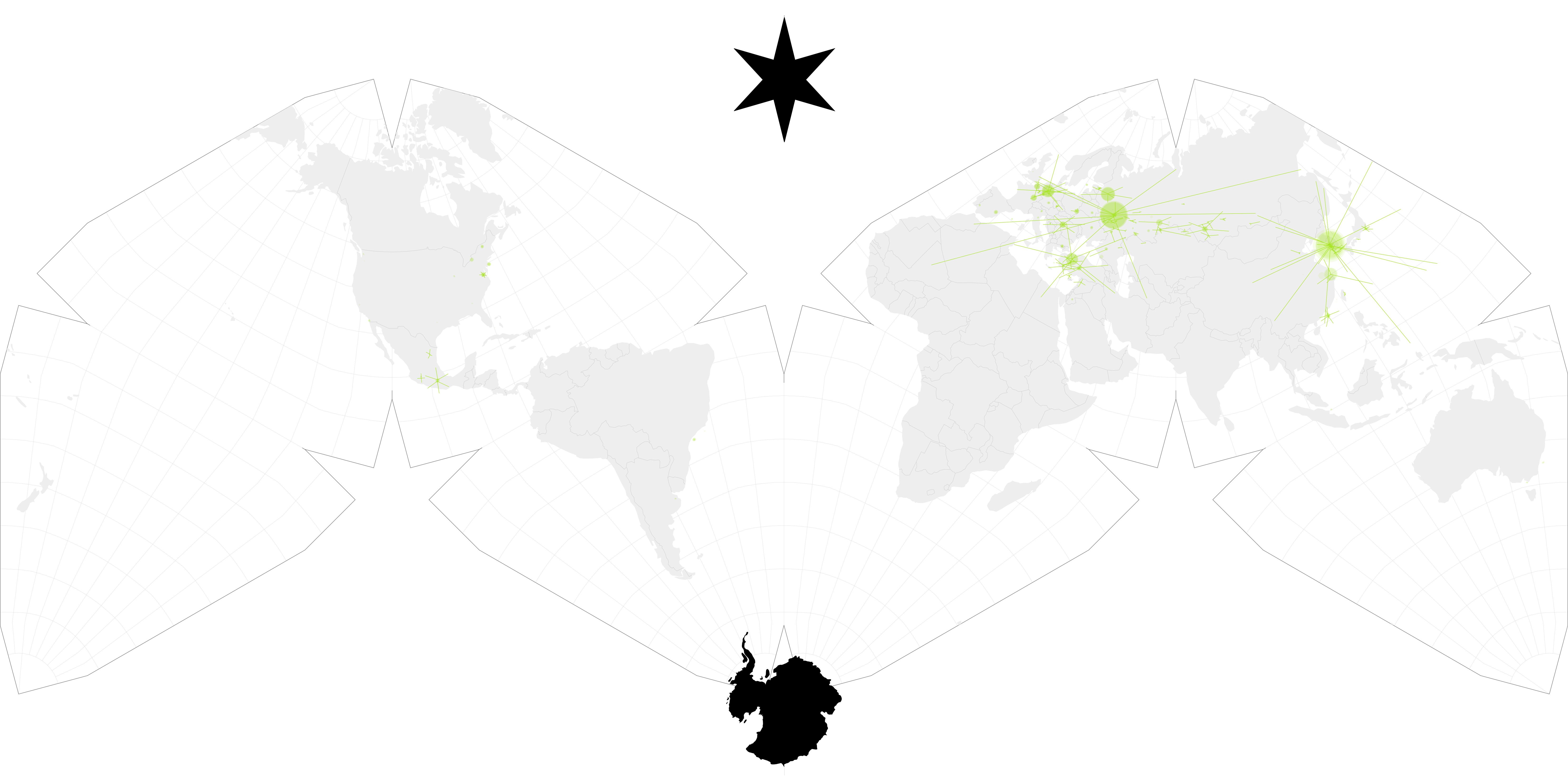 map of the world with spatial hot spots in green